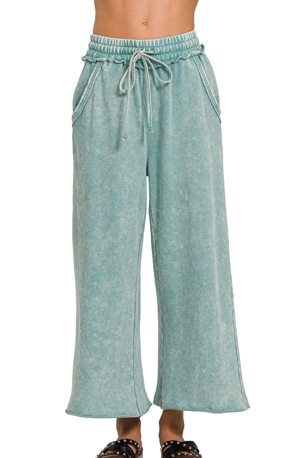 Zenana Washed French Terry Palazzo With Pockets ASH BLUE OutfitFlow