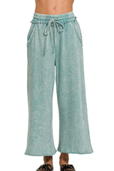 Zenana Washed French Terry Palazzo With Pockets ASH BLUE OutfitFlow
