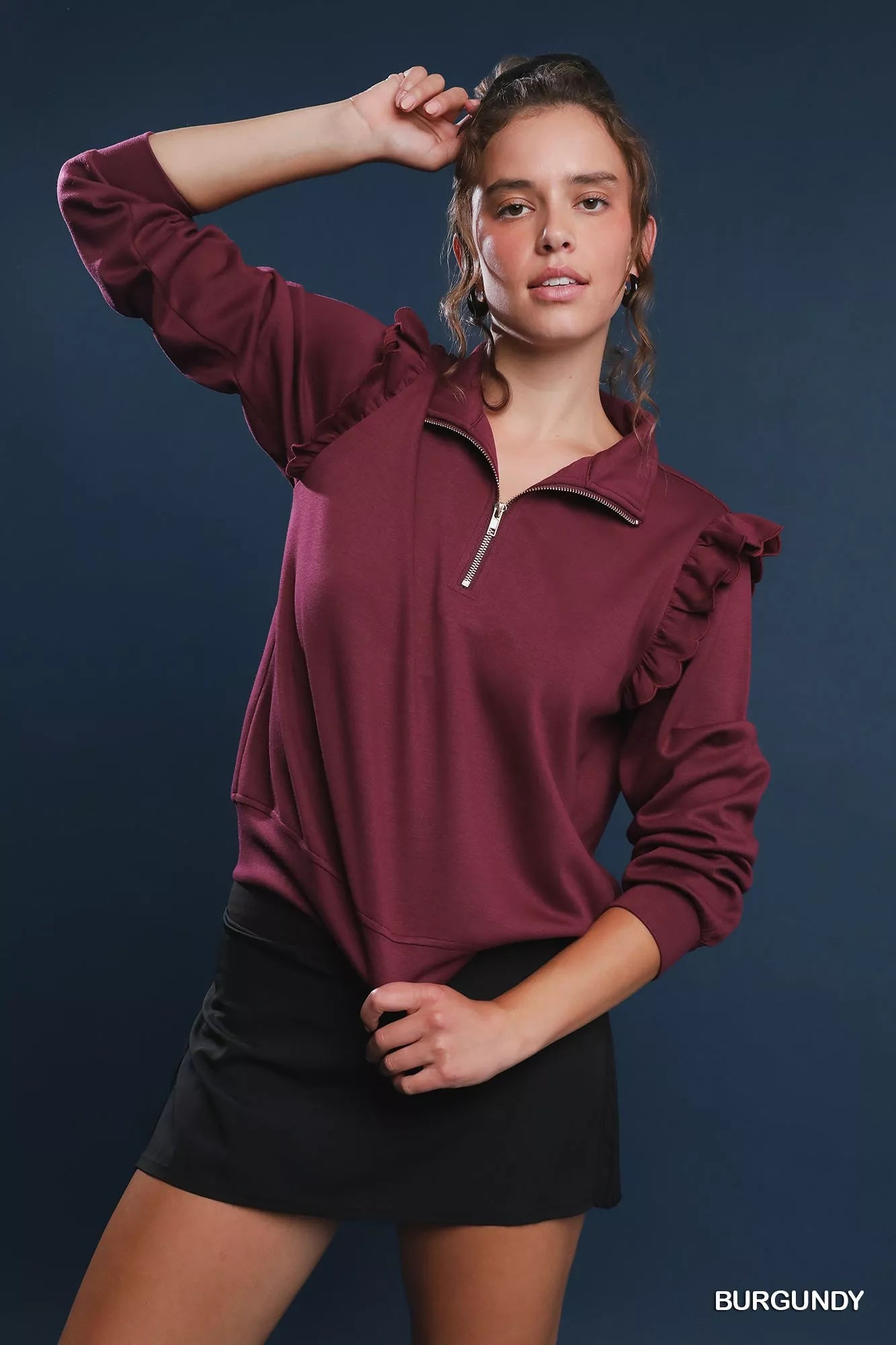 Umgee Luxeknit Ruffle Shoulder Quarter-Zip Sweatshirt BURGUNDY Trendsi