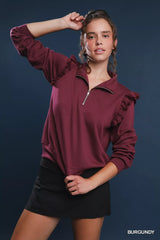 Umgee Luxeknit Ruffle Shoulder Quarter-Zip Sweatshirt BURGUNDY Trendsi