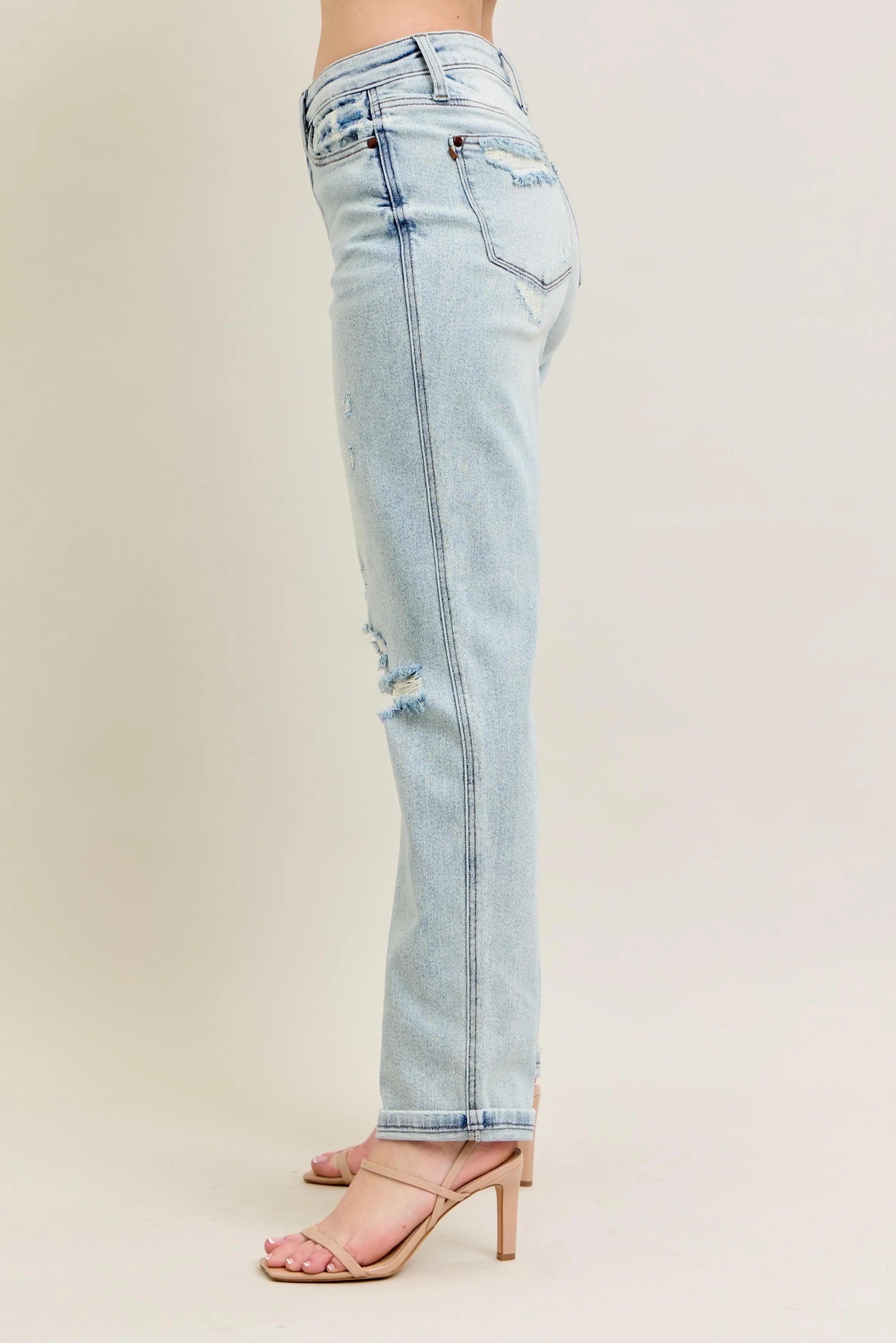 Judy Blue Full Size Mr Repair Stitch Detail Destroy Single Cuff Bf Jeans Plus Size OutfitFlow