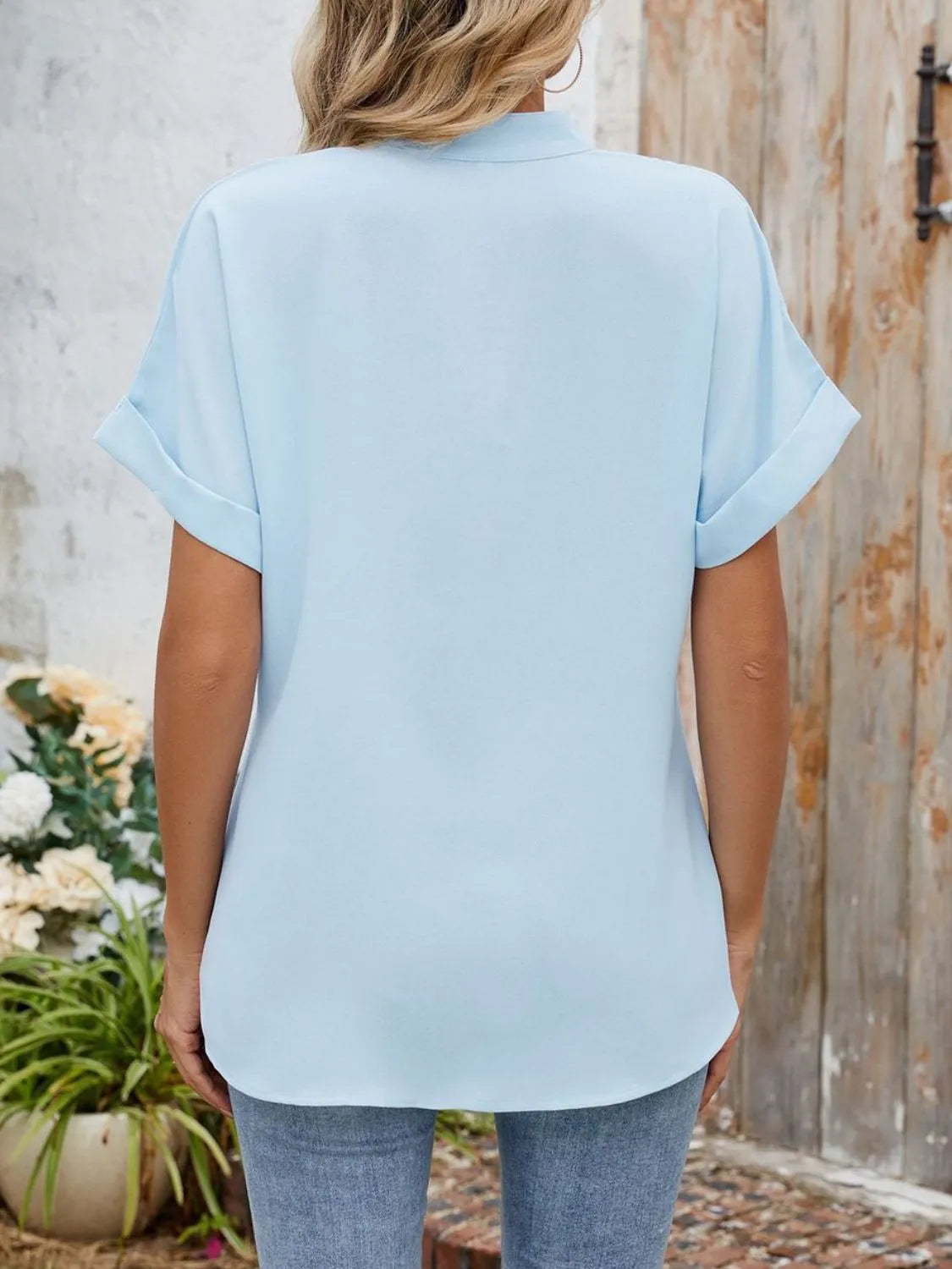 Notched Short Sleeve Blouse OutfitFlow