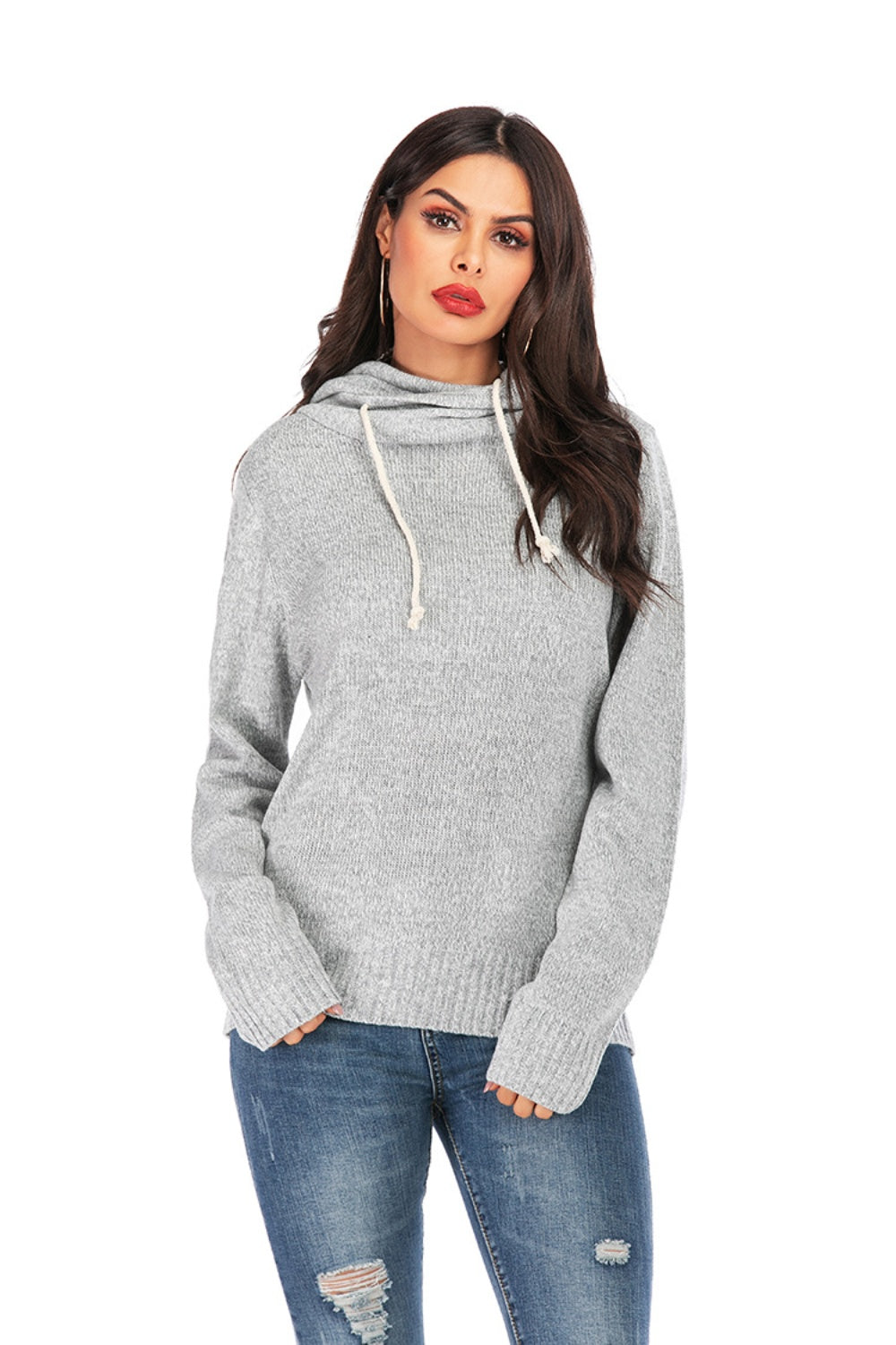 Outfit Flow - Drawstring Mock Neck Long Sleeve Sweater