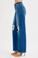 RISEN Full Size Mid Waist Fit Boyfriend Knee Distressed Jeans Plus Size OutfitFlow