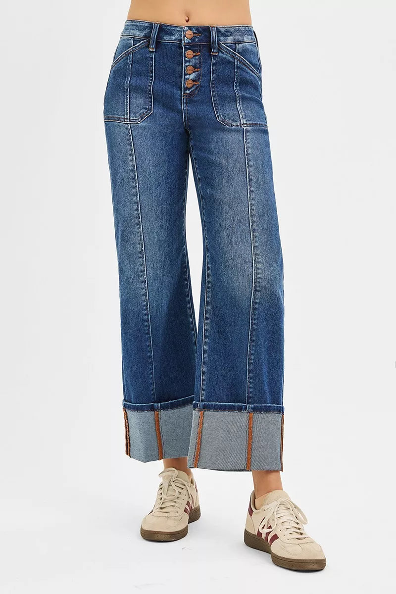 RISEN Full Size High Rise Crop Wide Straight Cuffed Jeans Plus Size OutfitFlow