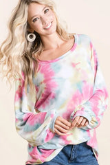 BiBi Tie Dye Print Terry Top With Puff Sleeves OutfitFlow