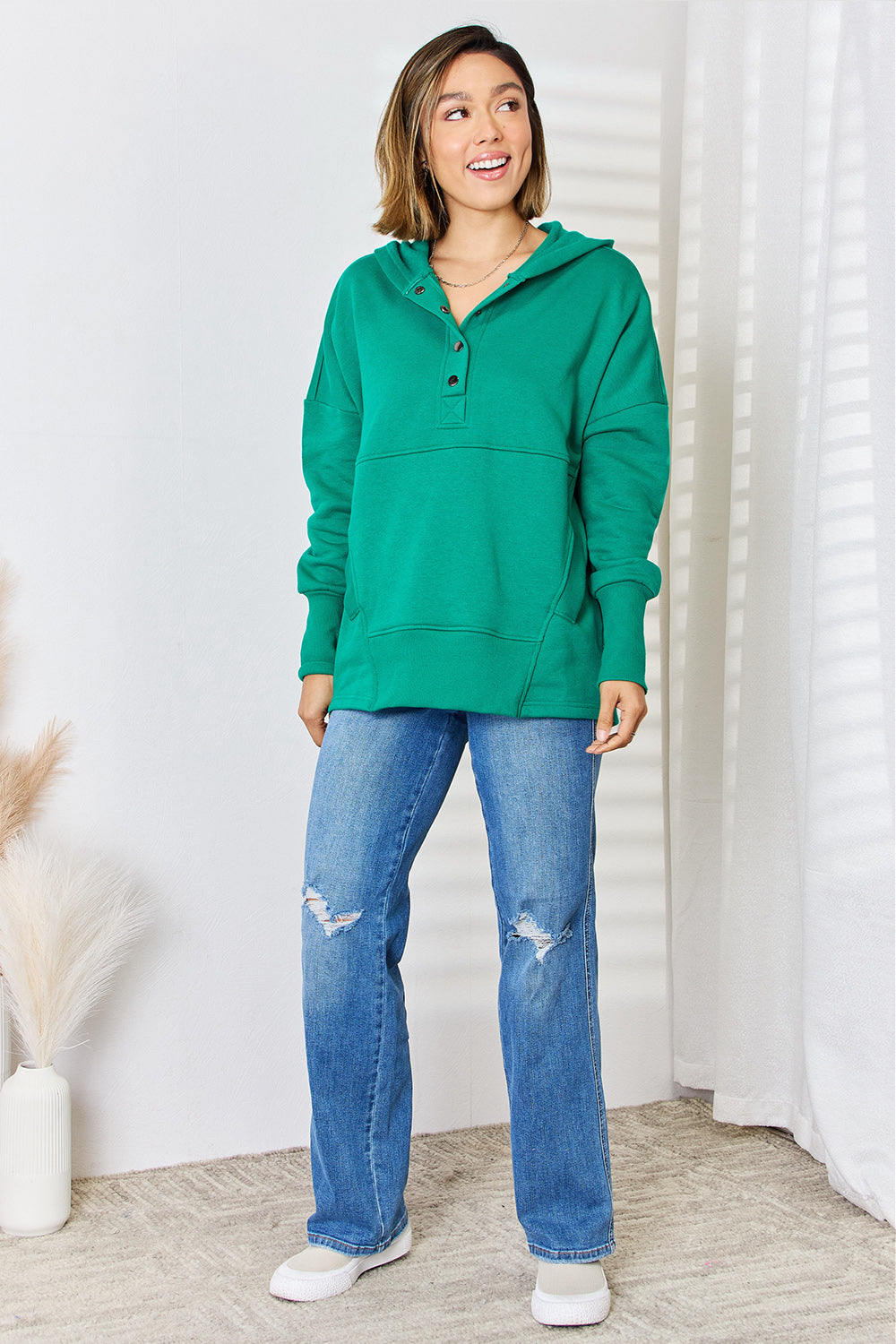 Outfit Flow - Zenana Half Snap Long Sleeve Hoodie