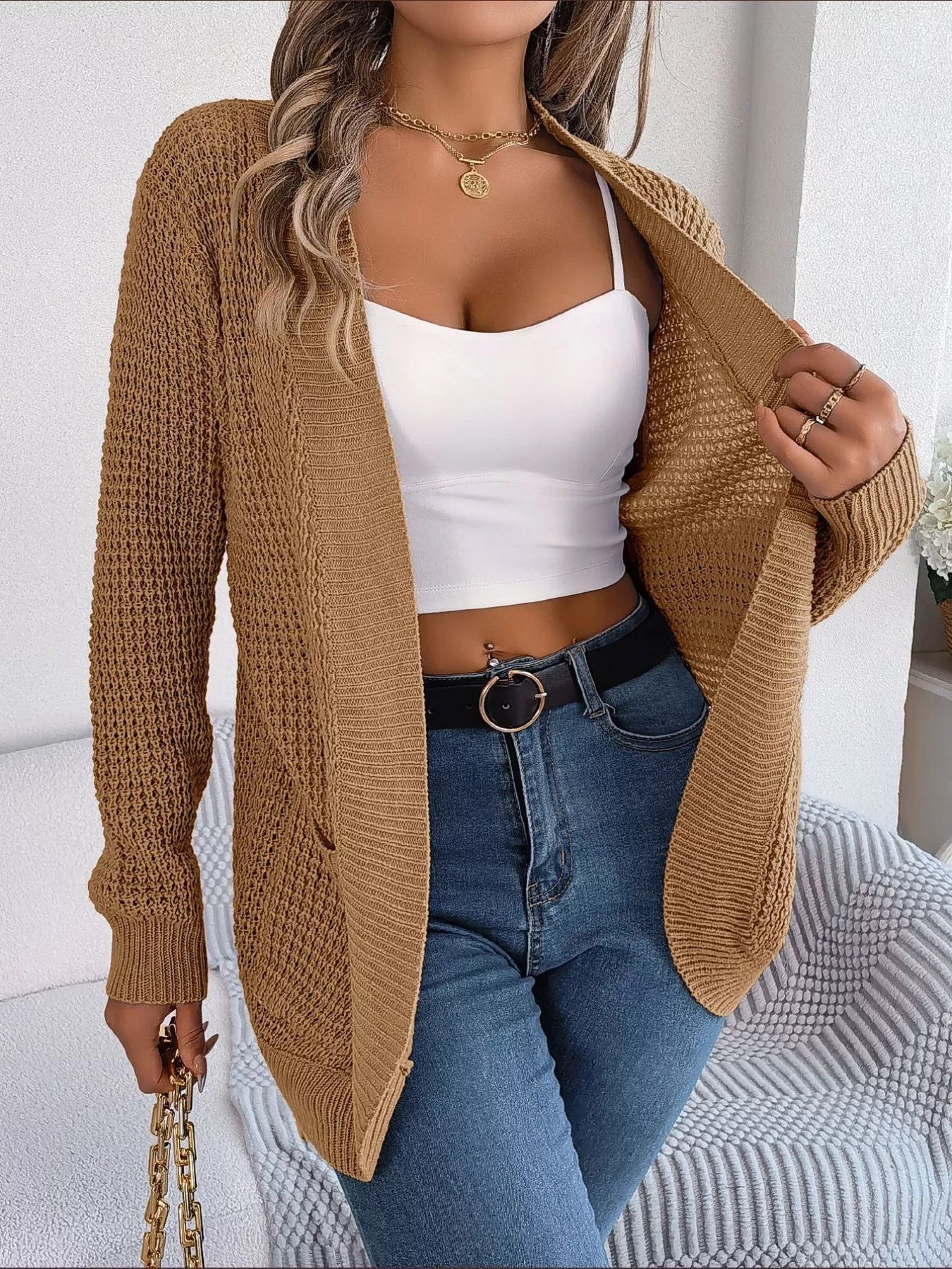 Chunky Knit Open Front Cardigan with Pockets OutfitFlow