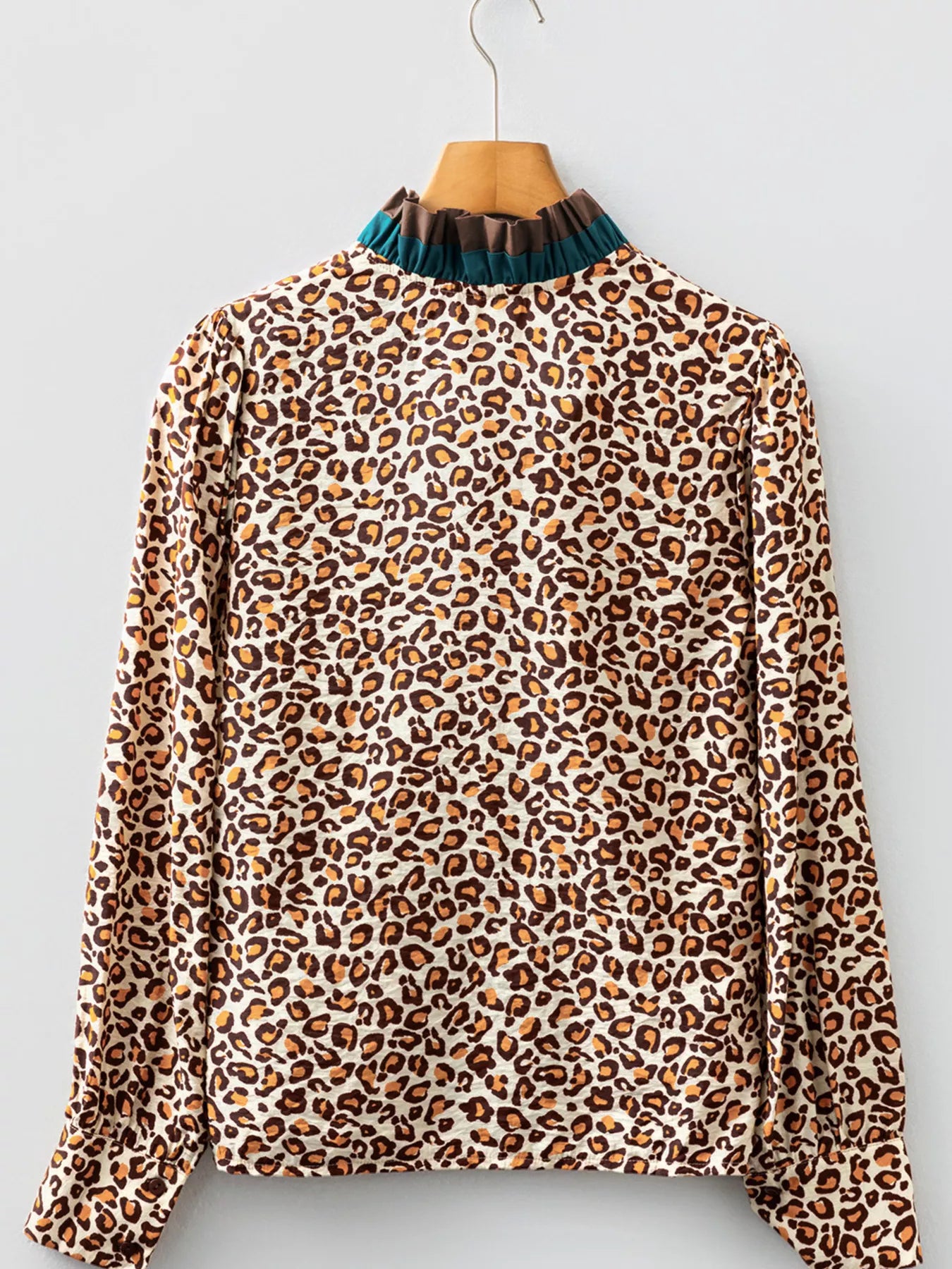 Leopard Print Contrast Frilled Trim Button Down V Neck Shirt OutfitFlow