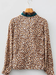 Leopard Print Contrast Frilled Trim Button Down V Neck Shirt OutfitFlow
