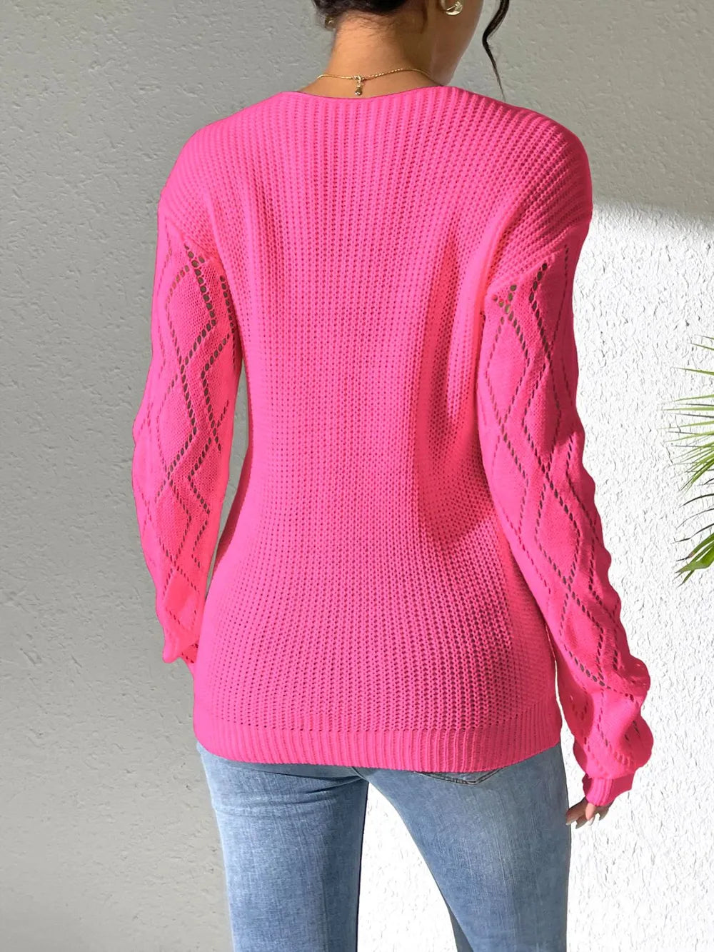 Openwork V-Neck Long Sleeve Sweater Trendsi