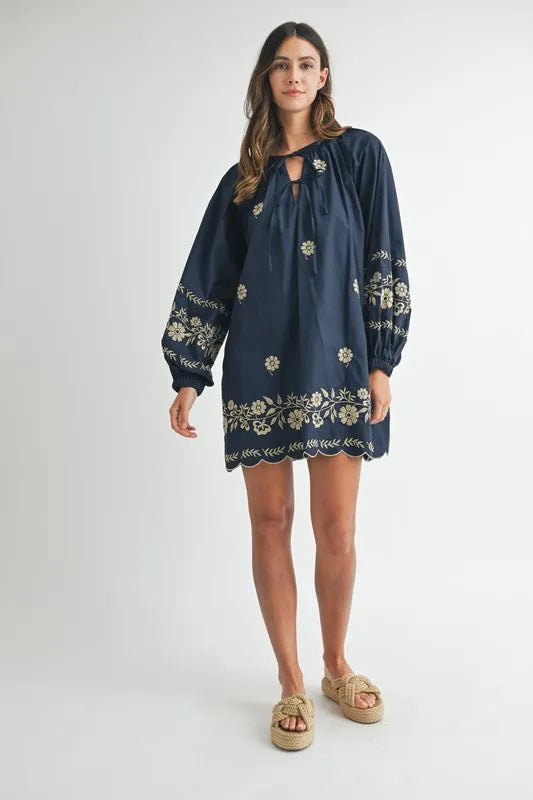 MABLE Embroidered Long Sleeve Peasant Mini Dress OutfitFlow