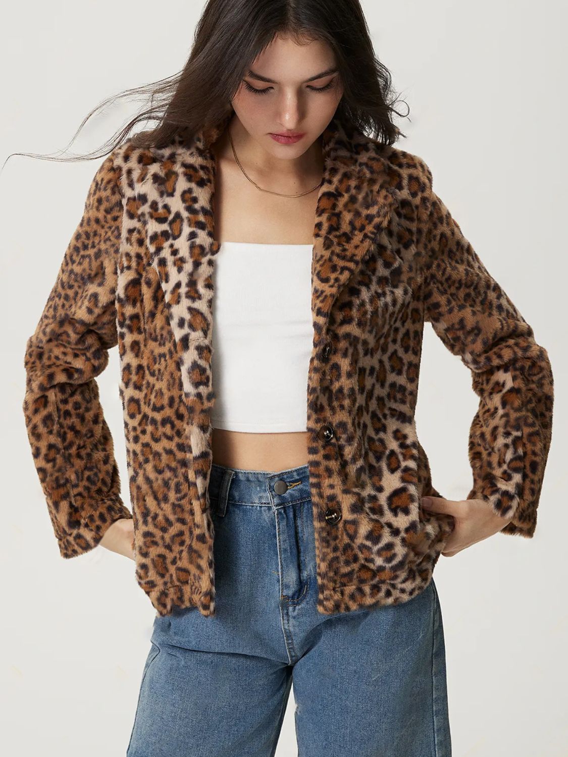 Outfit Flow - Fuzzy Leopard Collared Neck Jacket