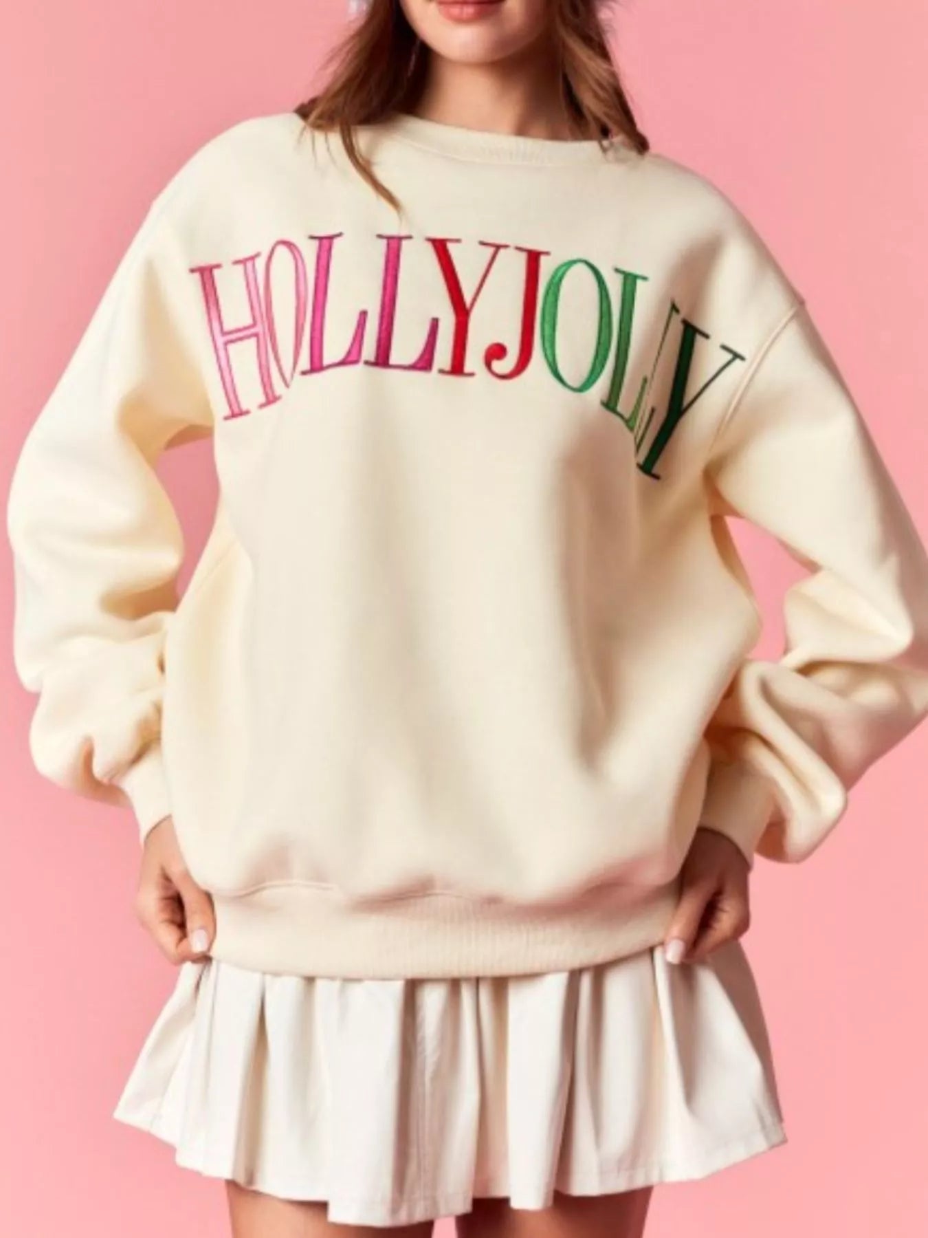 Holly Jolly Crew Neck Christmas Sweatshirt Apricot OutfitFlow