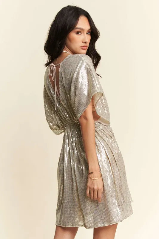 Davi & Dani Sequin Plunge Neck Knot Cut Out Tie Back Party Dress OutfitFlow