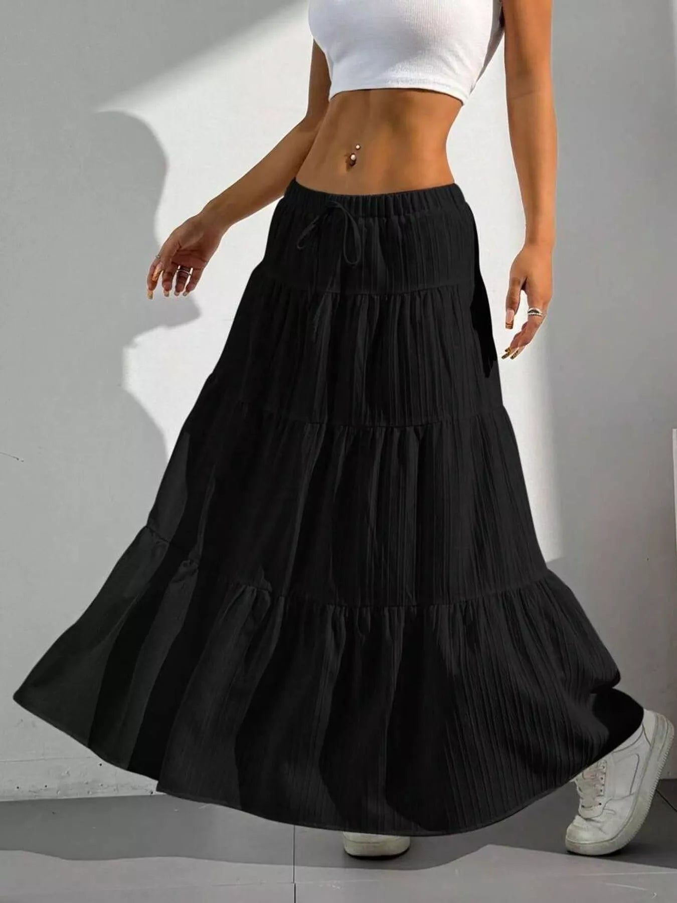 Flowy Tiered Maxi Skirt Black OutfitFlow