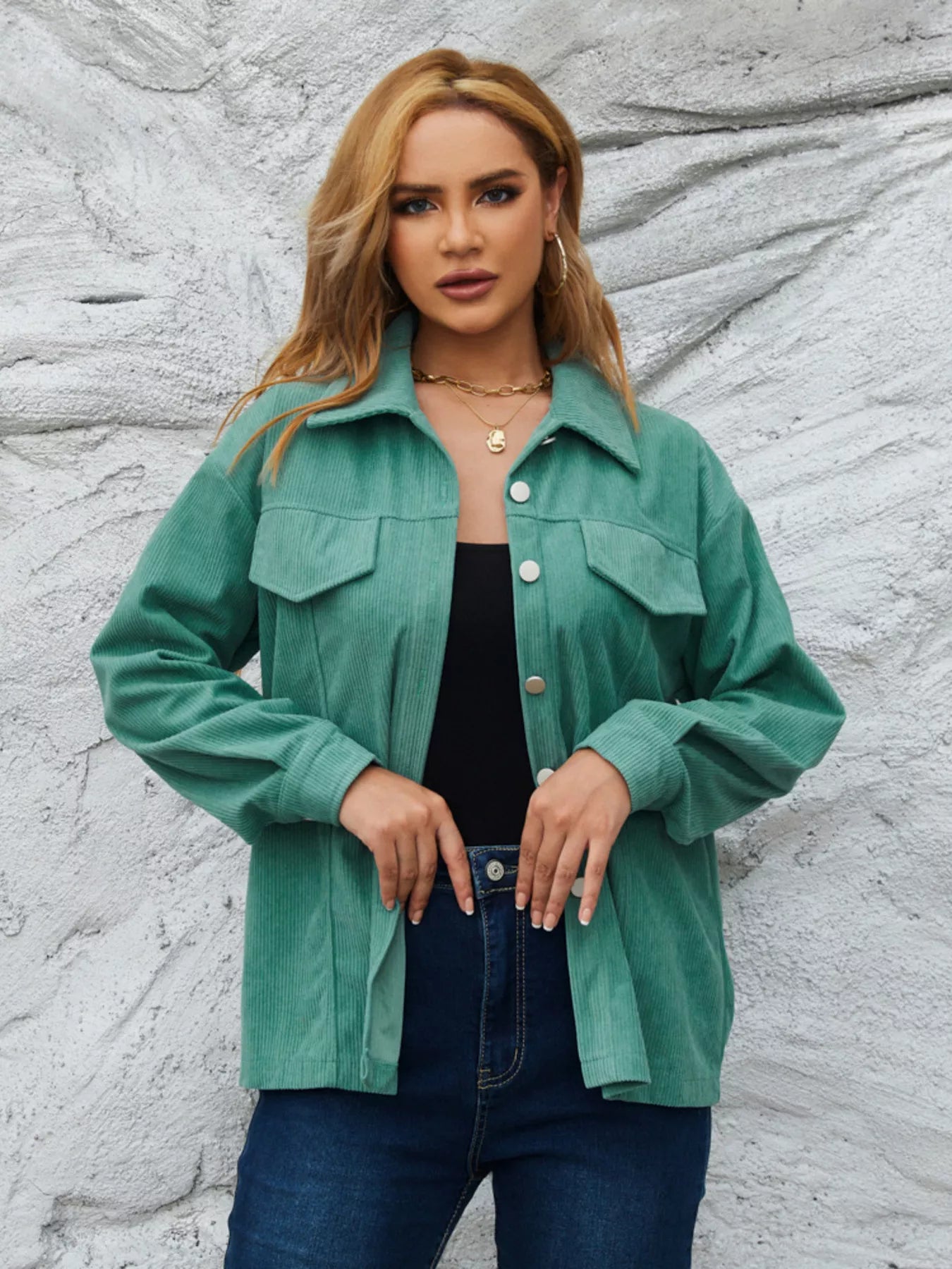 Casual Corduroy Button-Down Jacket Peacock Green OutfitFlow