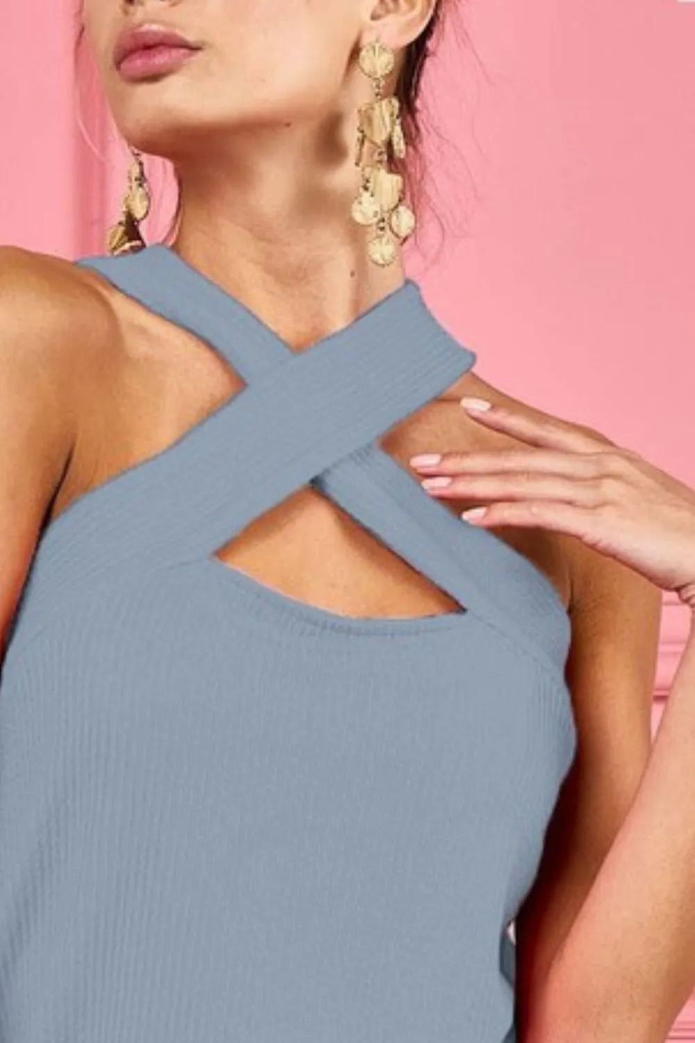 BiBi Lace Knit with Cut Out And Cross Neck Banded Top OutfitFlow