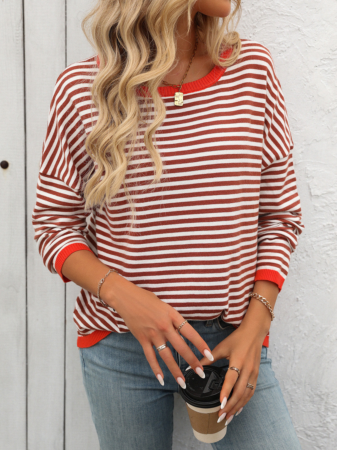 Outfit Flow - Mandy Striped Round Neck Long Sleeve Sweater