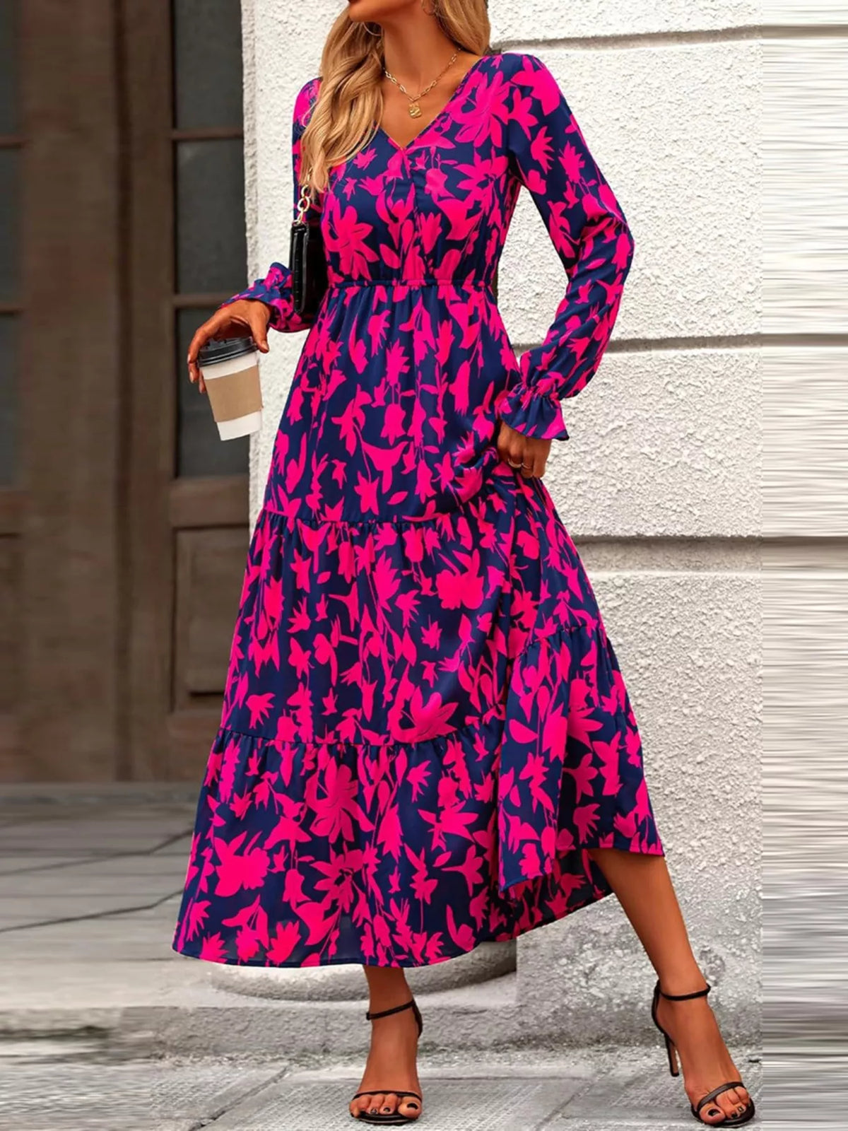 Printed V-Neck Flounce Sleeve Tiered Midi Dress Cerise OutfitFlow