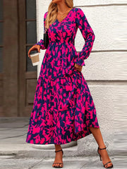 Printed V-Neck Flounce Sleeve Tiered Midi Dress Cerise OutfitFlow