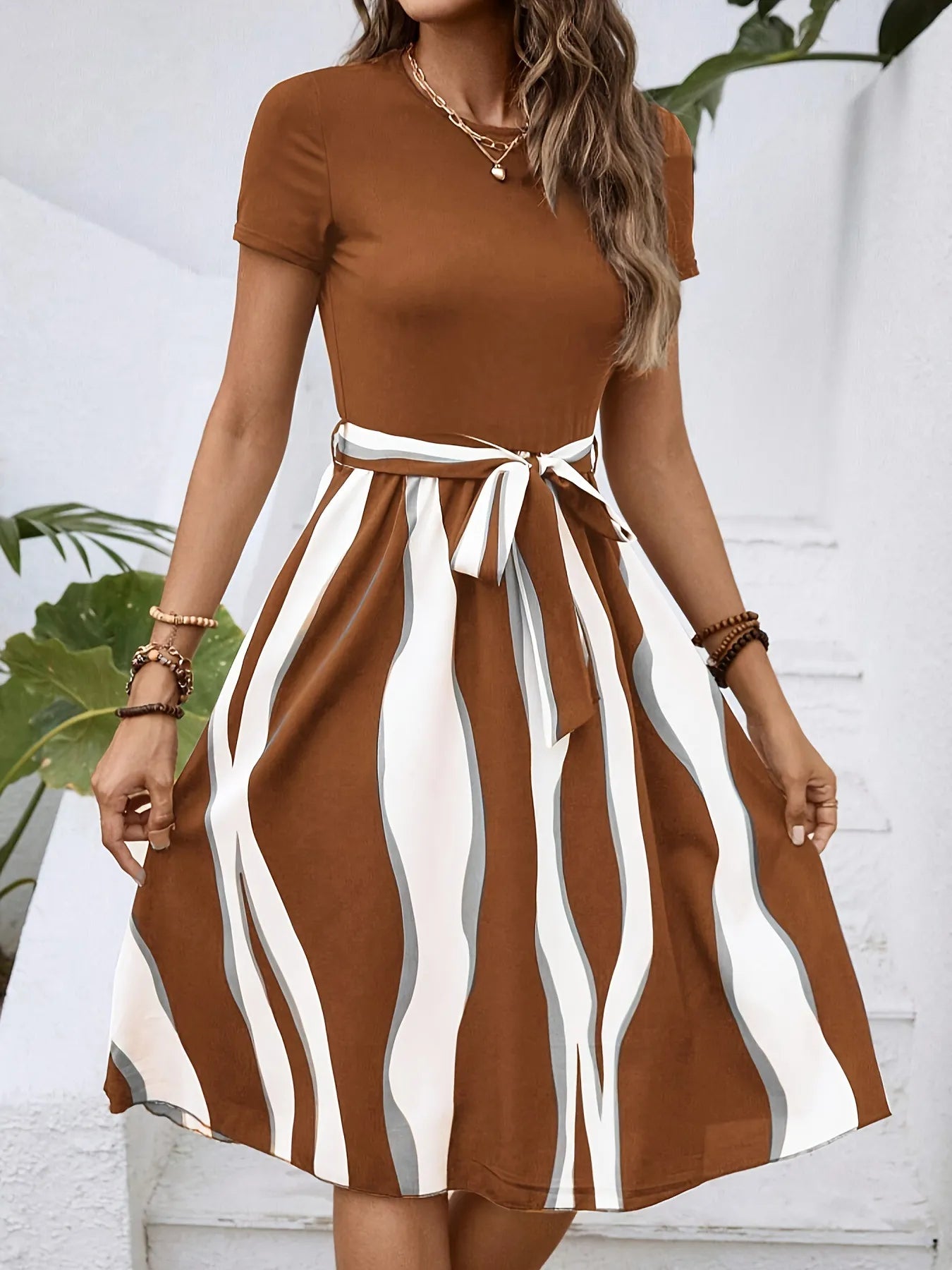 Striped Short Sleeve Tie Waist Dress OutfitFlow
