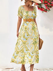 Smocked Printed Puff Sleeve Midi Dress OutfitFlow