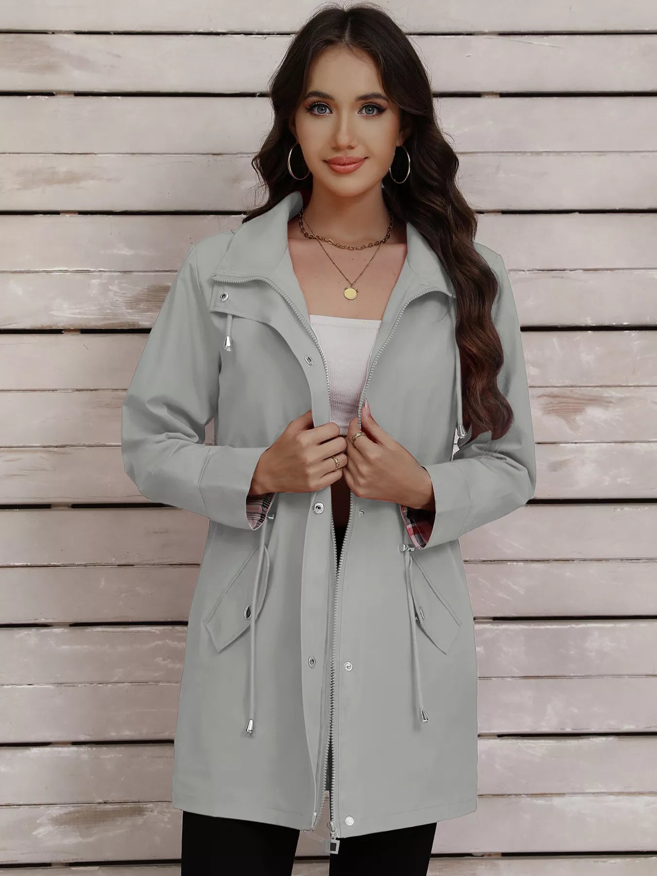 Drawstring Snap-Down Trench Coat OutfitFlow