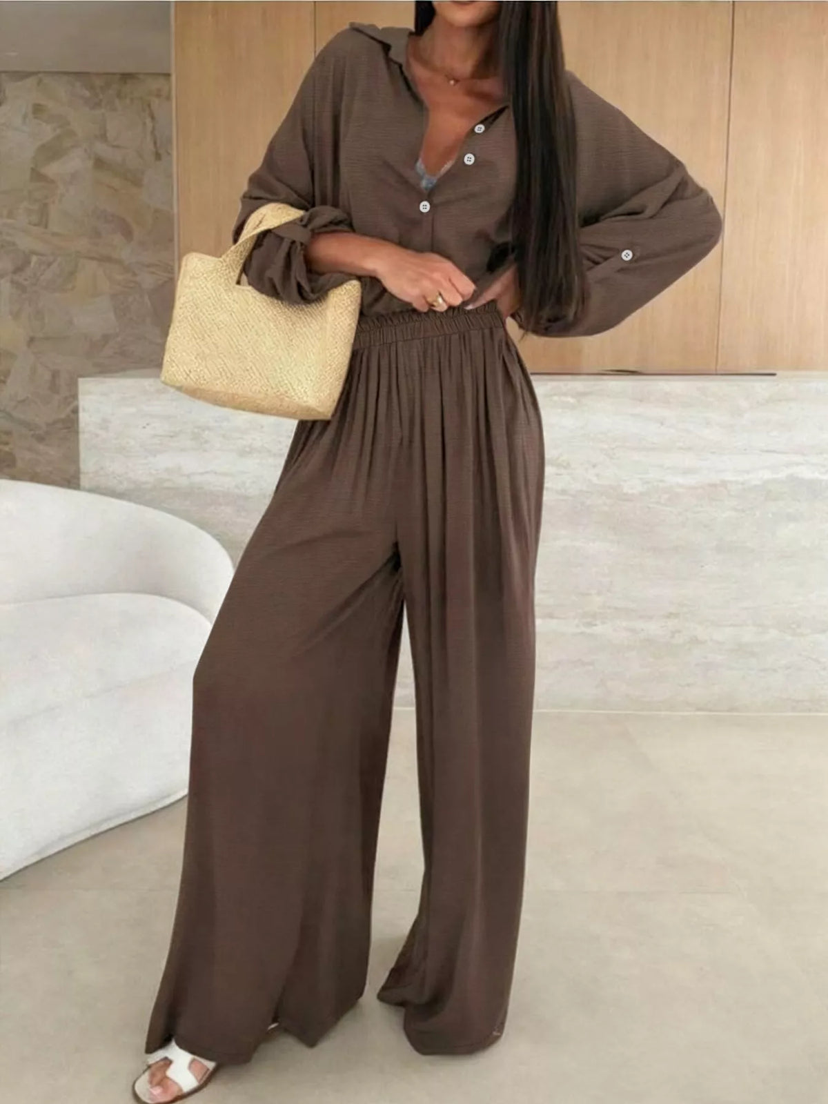 Long Sleeve Shirt and Wide Leg Pants Set Coffee Brown OutfitFlow