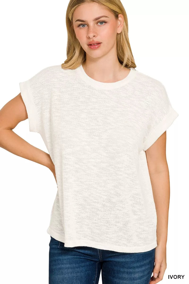 Zenana Hacci Slub Rolled Up Sleeve Tee Trendsi