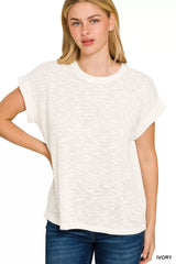 Zenana Hacci Slub Rolled Up Sleeve Tee Trendsi