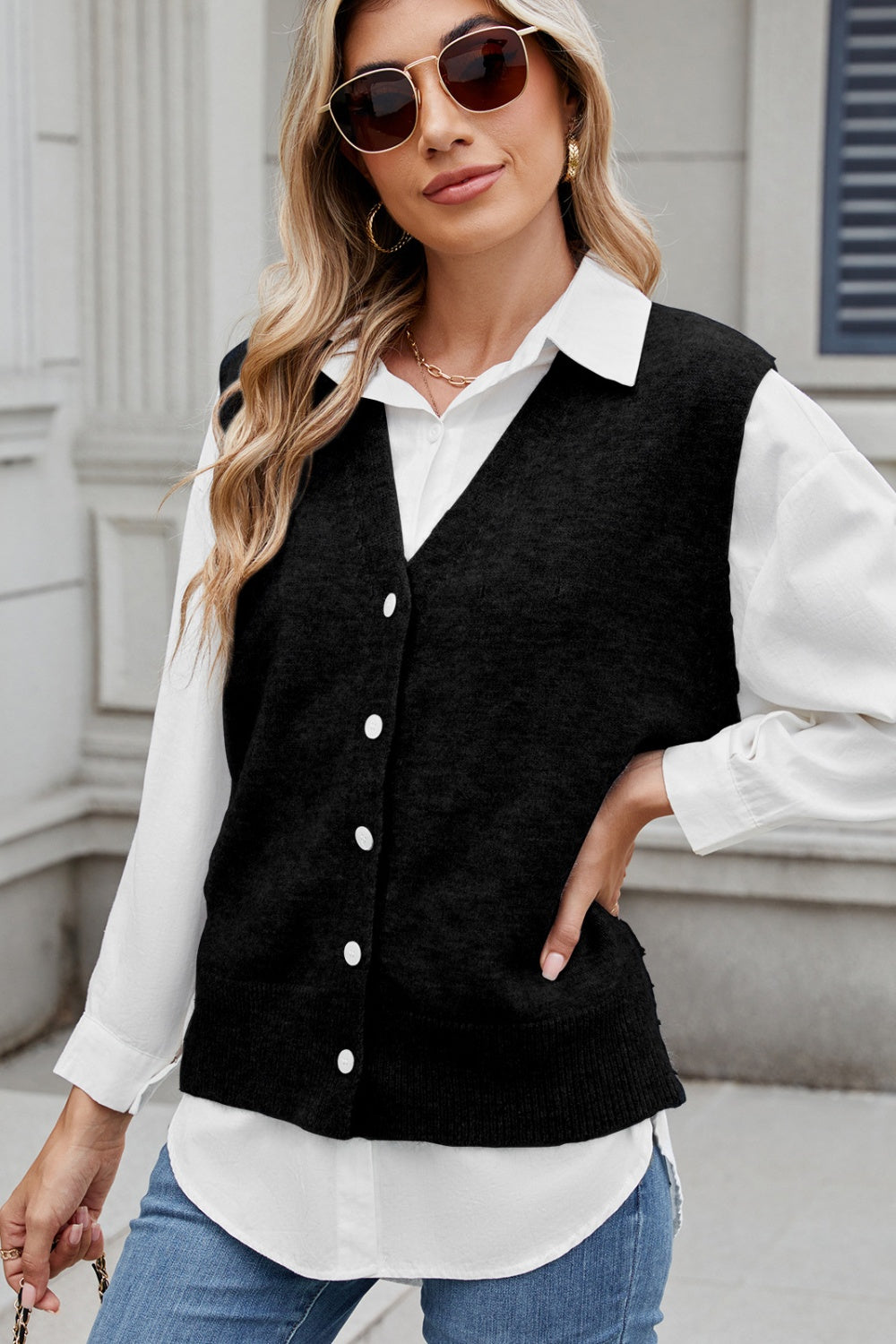 Button Down V-Neck Sweater Vest