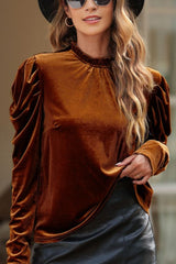 Frill Mock Neck Puff Sleeve Blouse Brown OutfitFlow