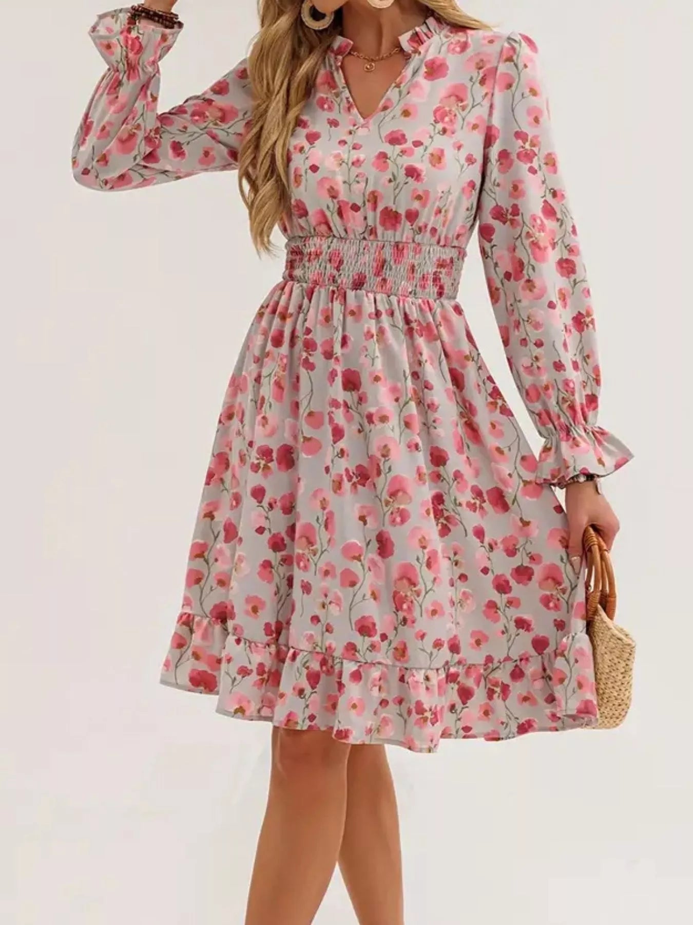 Floral Notched Flounce Sleeve Dress OutfitFlow