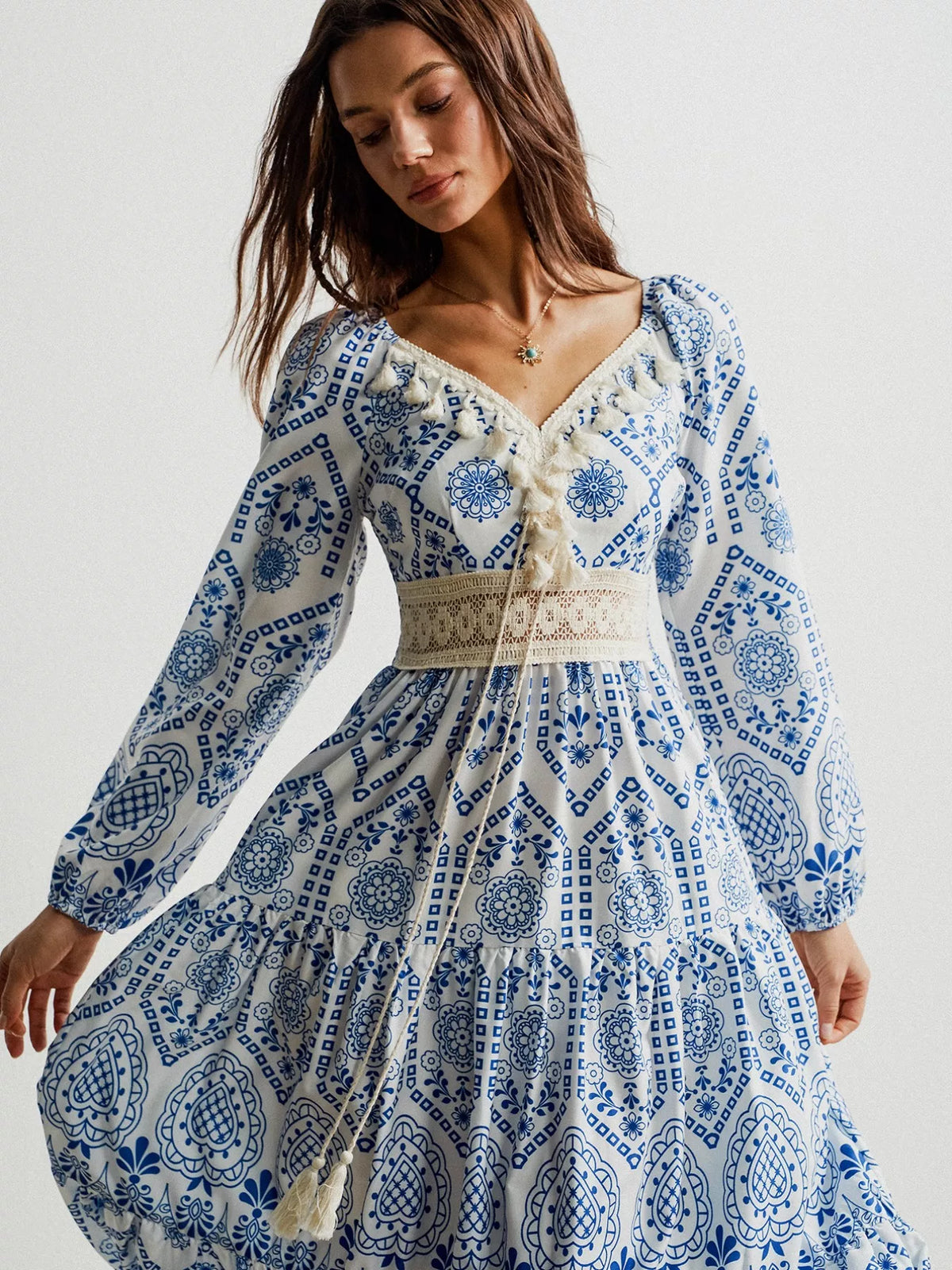 Bohemian Print Midi Dress with Tassel Detail Light Blue OutfitFlow