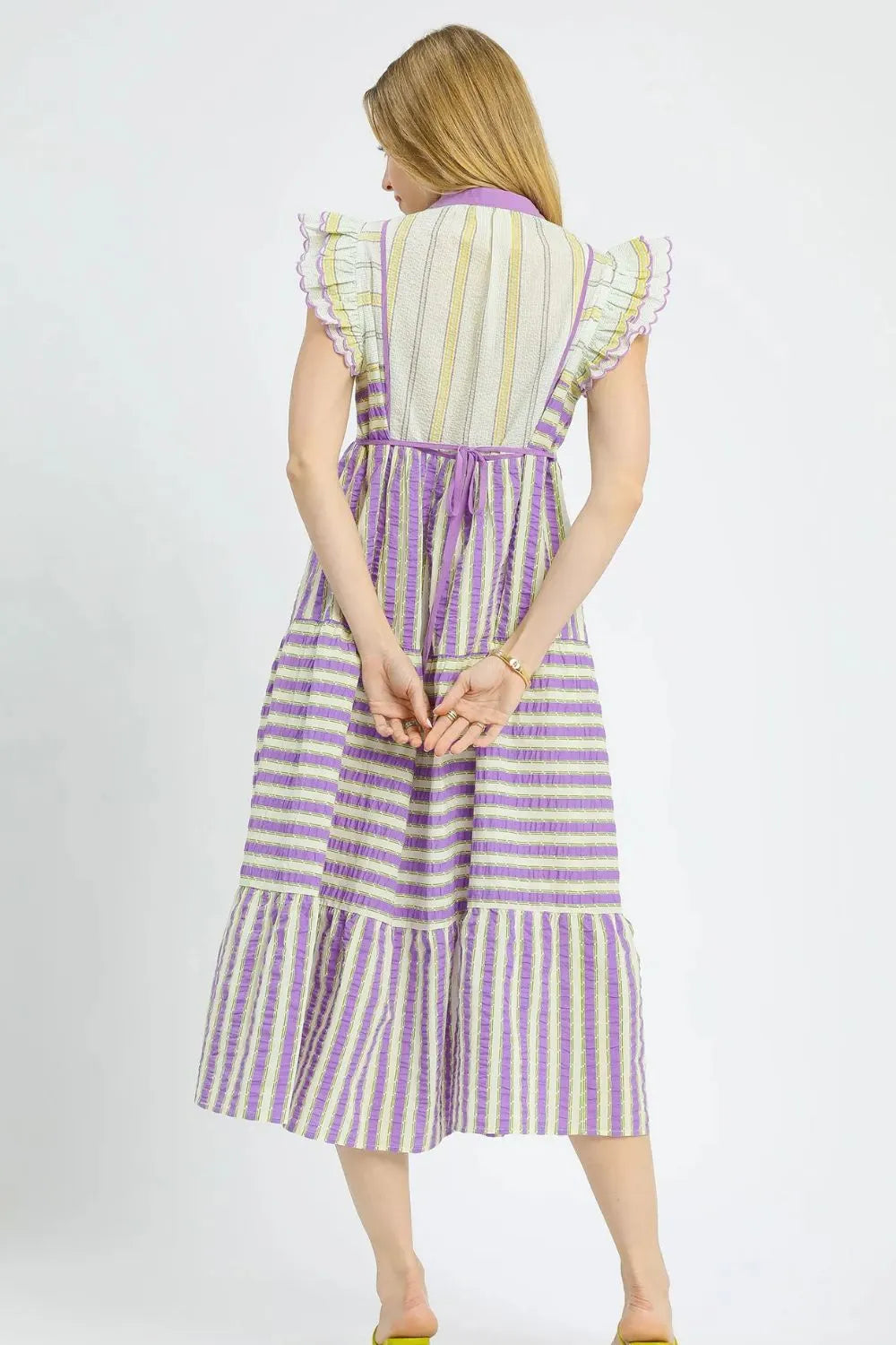 Umgee Striped Ruffle Cap Sleeve Midi Dress OutfitFlow