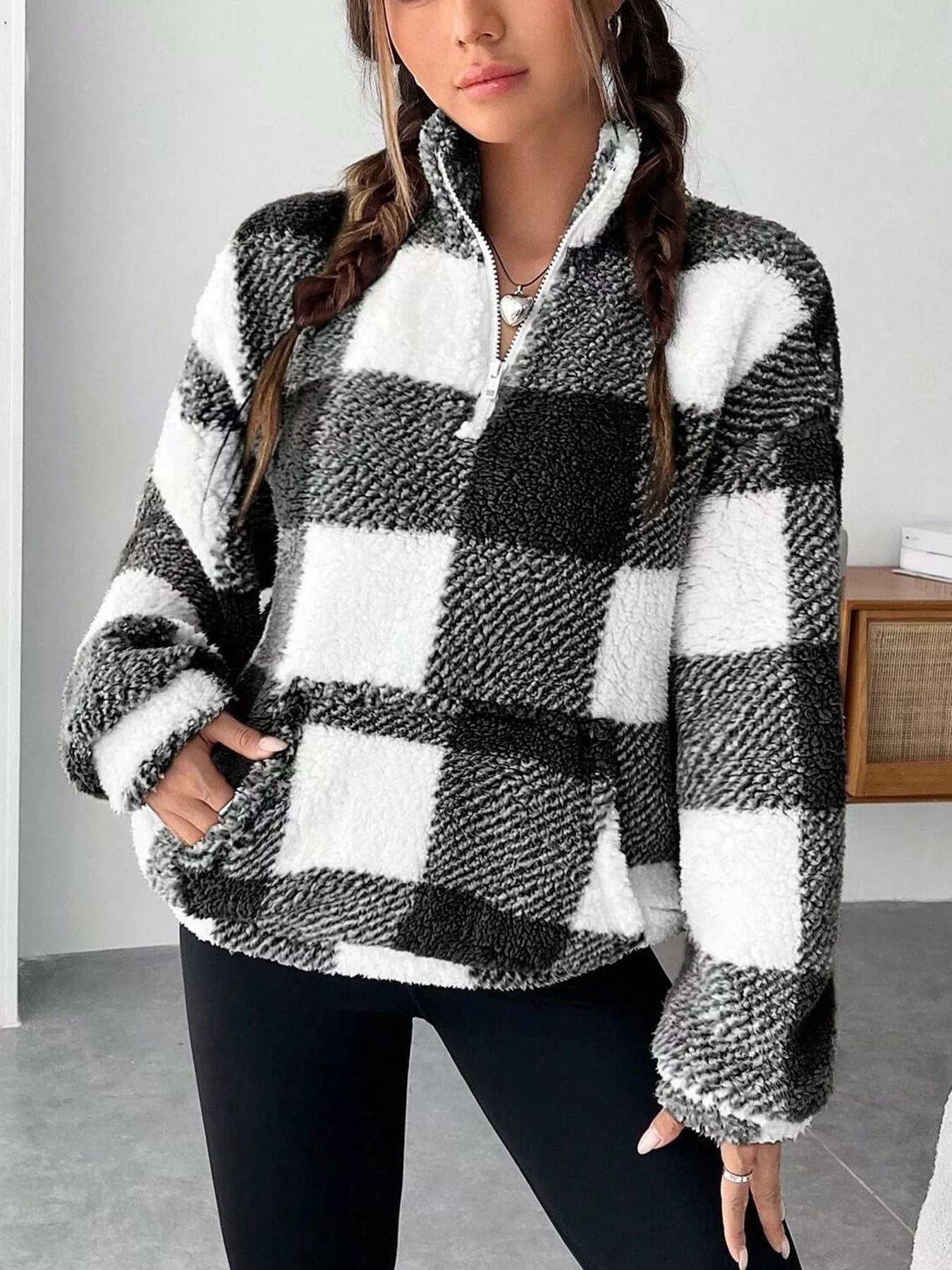 Full Size Plaid Sherpa Long Sleeve Sweatshirt Plus Size OutfitFlow