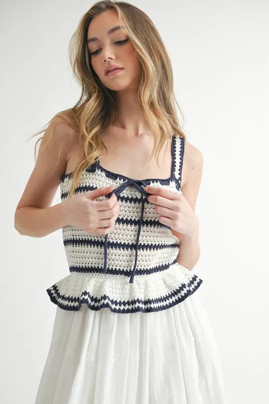 MABLE Crochet Stripe Knit Eyelet Mix Midi Dress OutfitFlow