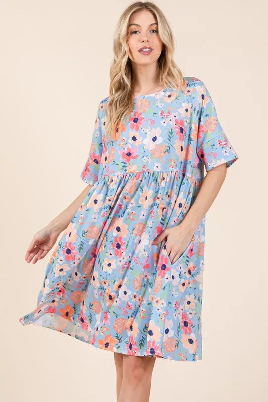 BOMBOM Floral Shirred Dress with Pockets OutfitFlow
