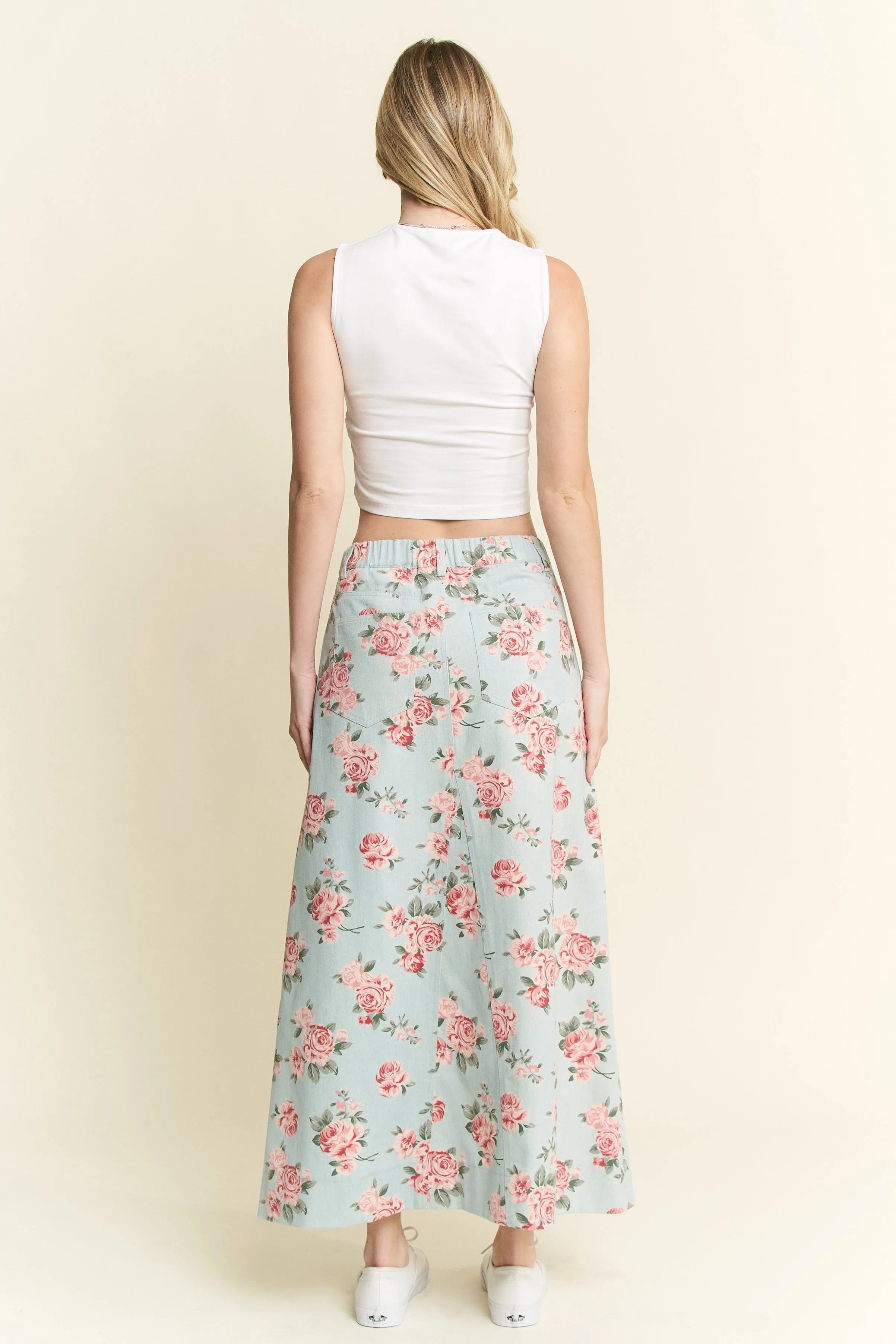 Jade By Jane Full Size Floral Print Front Slit Denim Maxi Skirt Plus Size OutfitFlow