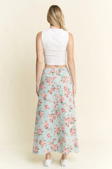 Jade By Jane Full Size Floral Print Front Slit Denim Maxi Skirt Plus Size OutfitFlow