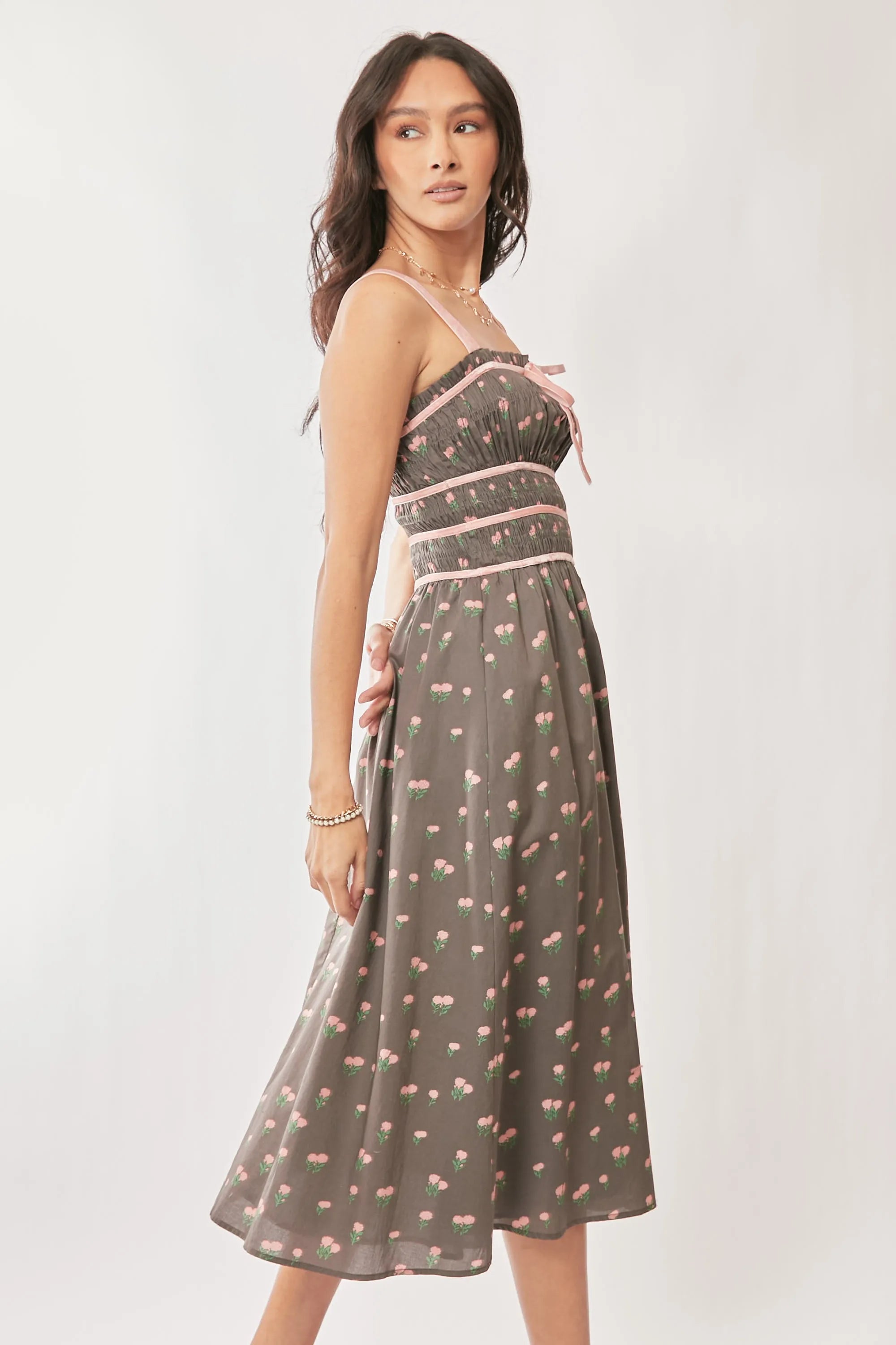 Davi & Dani Contrast Velvet Tape Smocking Bodice Midi Dress OutfitFlow