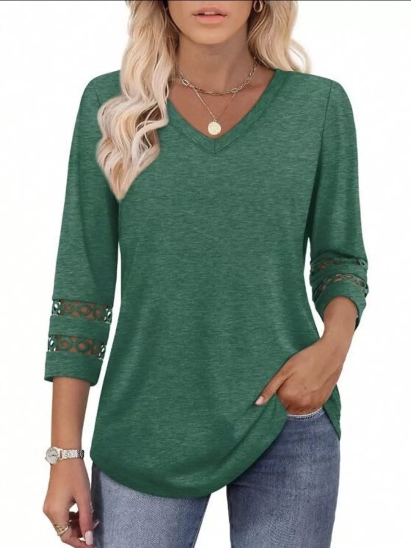 Full Size V-Neck 3/4 Sleeve T-Shirt Plus Size Dark Green OutfitFlow