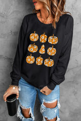 Pumpkin Round Neck Long Sleeve Sweatshirt OutfitFlow