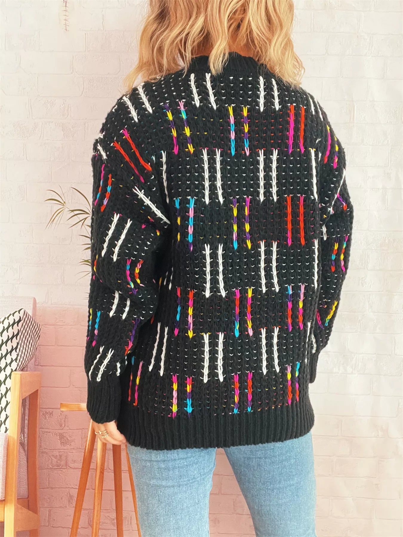 Colorful Round Neck Long Sleeve Sweater OutfitFlow