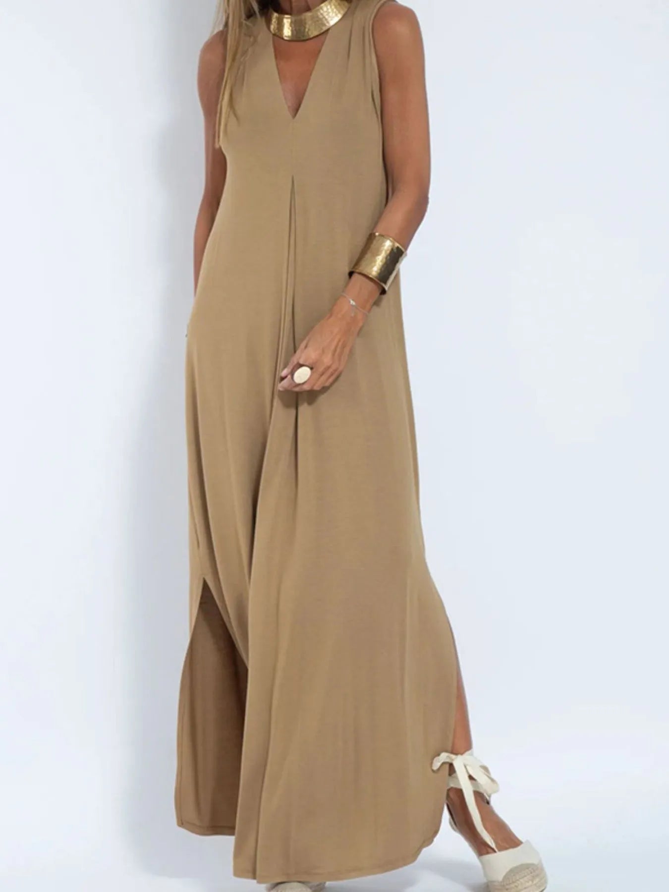 Full Size V-Neck Sleeveless Maxi Dress with Slit Plus Size Camel OutfitFlow