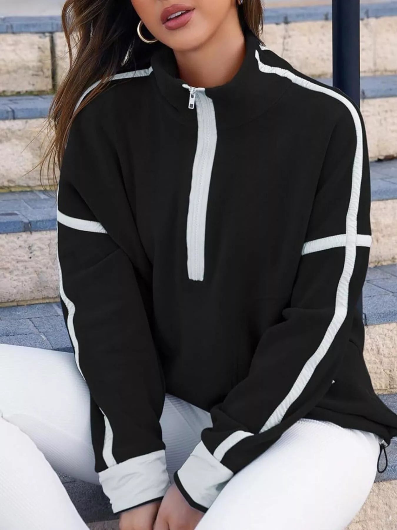 Half Zip Dropped Shoulder Sweatshirt Black OutfitFlow
