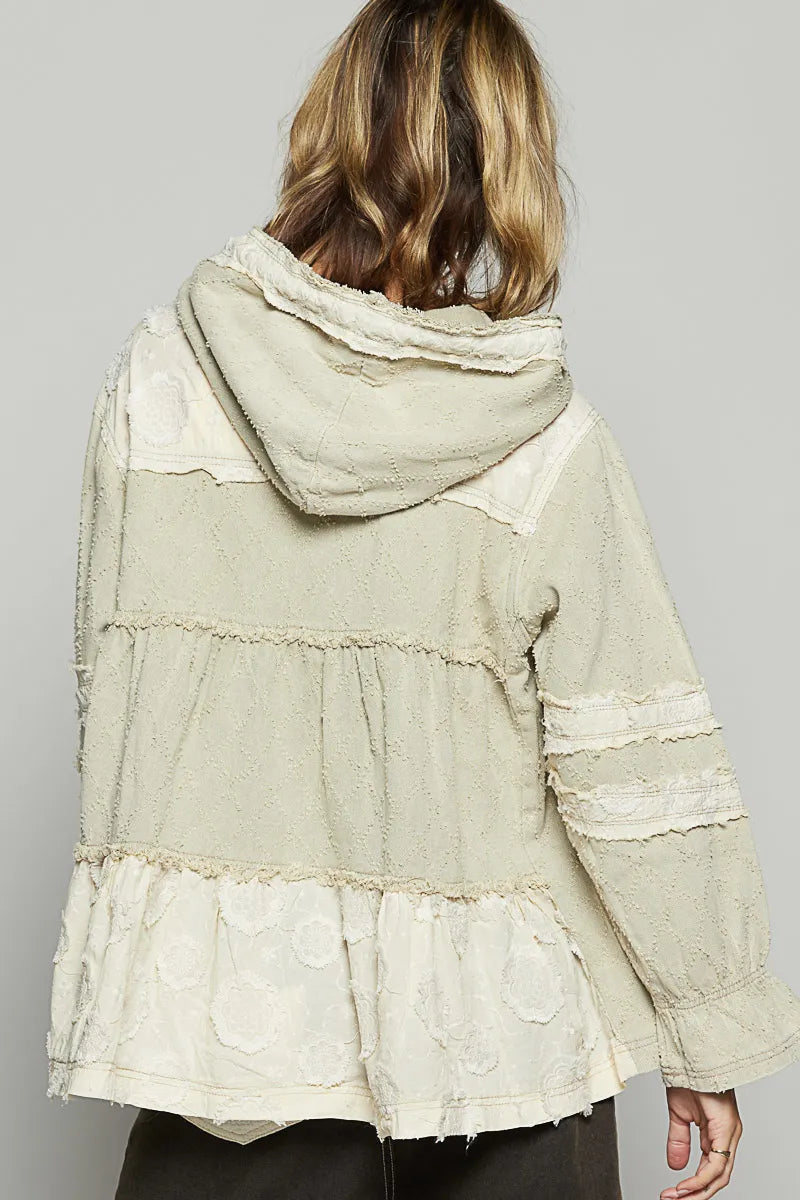 POL Raw Hem Color Block Hooded Jacket OutfitFlow