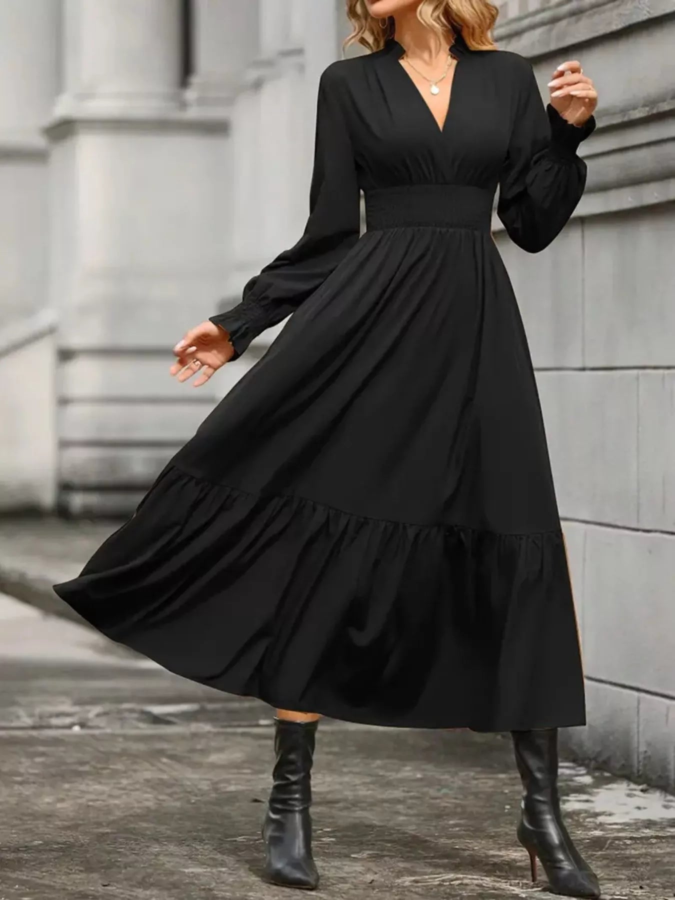 Surplice Long Sleeve Tiered Midi Dress OutfitFlow