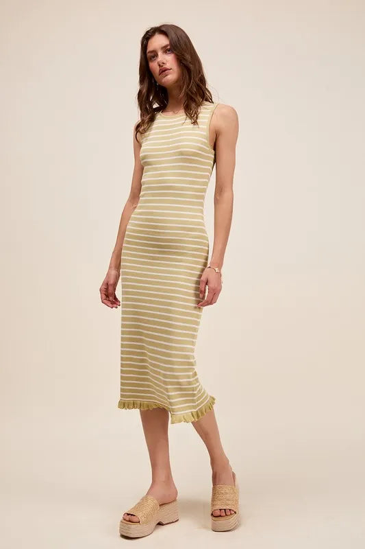 SO ME Stripe Sleeveless Sweater Knit Maxi Dress With Ruffled Hem OutfitFlow